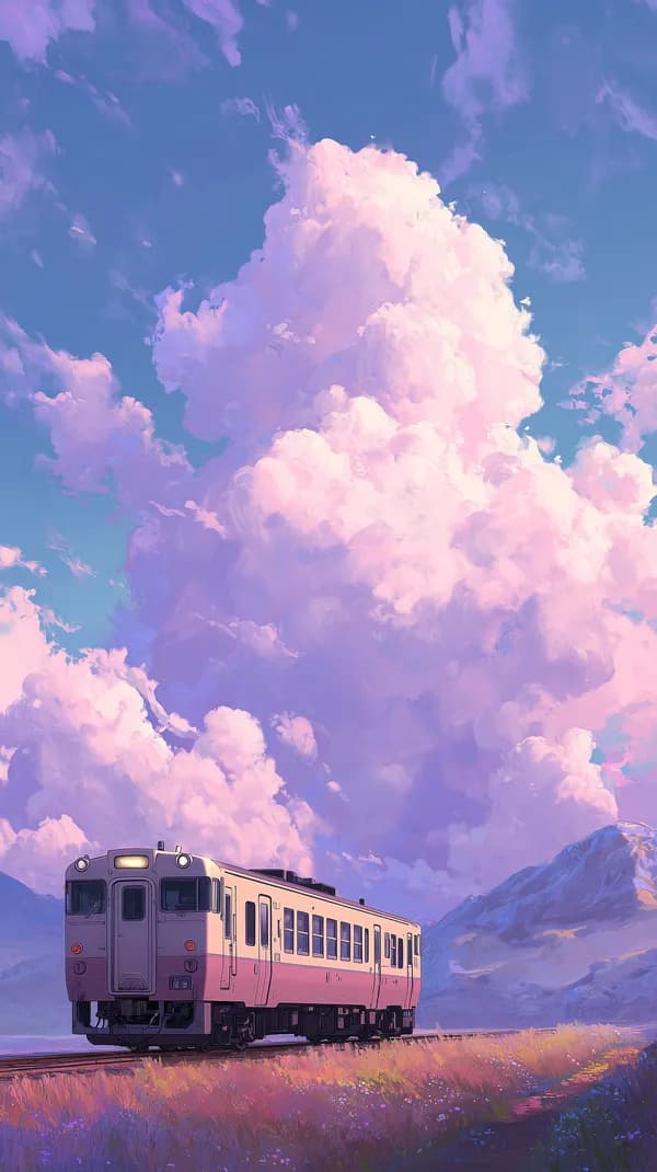 Pastel Cloudscape Train Wallpaper: Dreamy Pink Sky Scene - HD Wallpaper, 4k Background Image