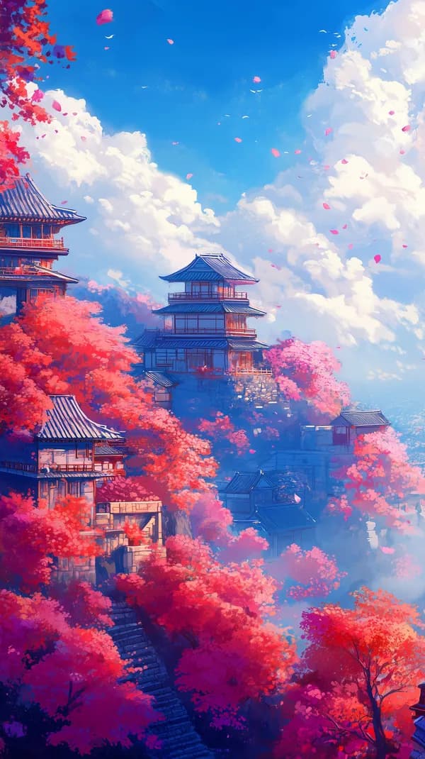 Dreamy Japanese-Style Pagodas Amid Pink Autumn Trees - HD Wallpaper, 4k Background Image
