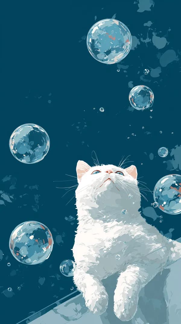 Whimsical Cat Gazing at Glittering Bubbles - Digital Wallpaper - HD Wallpaper, 4k Background Image