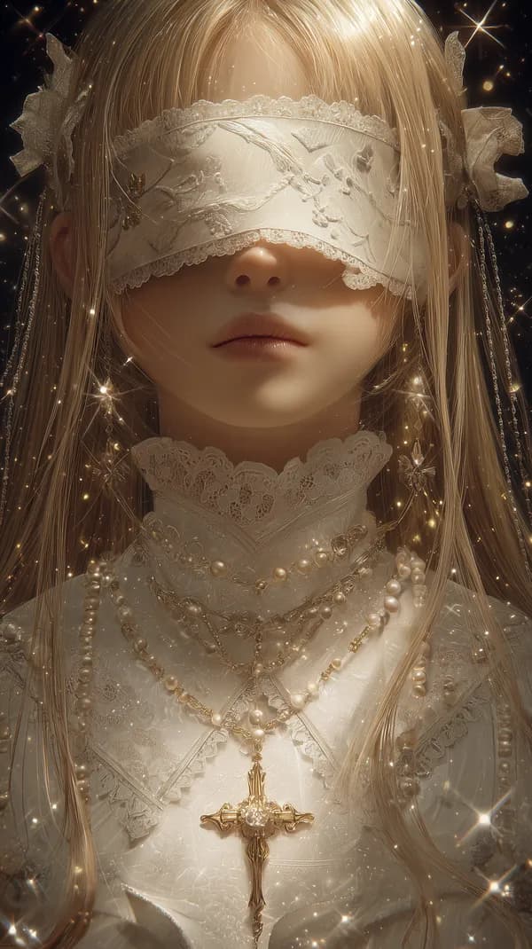 Ethereal Lace Portrait with Pearl Jewelry and Blindfolded Silhouette - HD Wallpaper, 4k Background Image