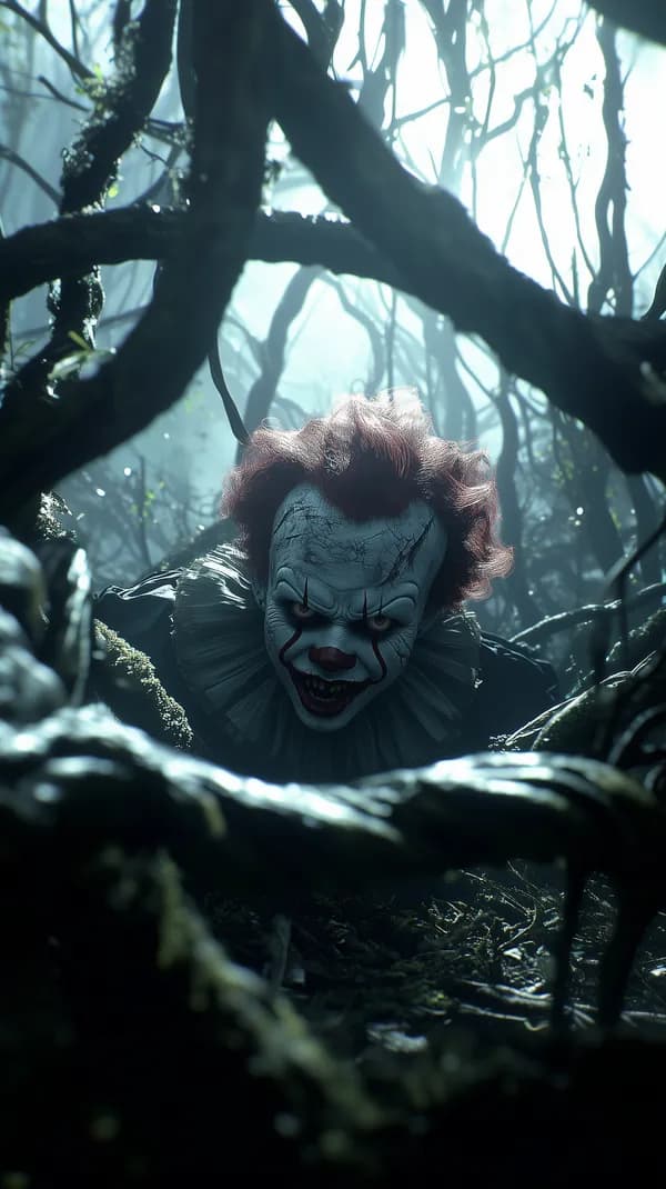 Eerie Clown Emerging from a Moonlit Forest - Dark Horror Wallpaper - HD Wallpaper, 4k Background Image