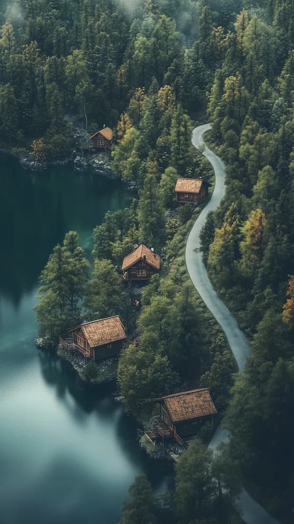 Serene Forest Lake Cabins on a Winding Mountain Road - HD Wallpaper, 4k Background Image