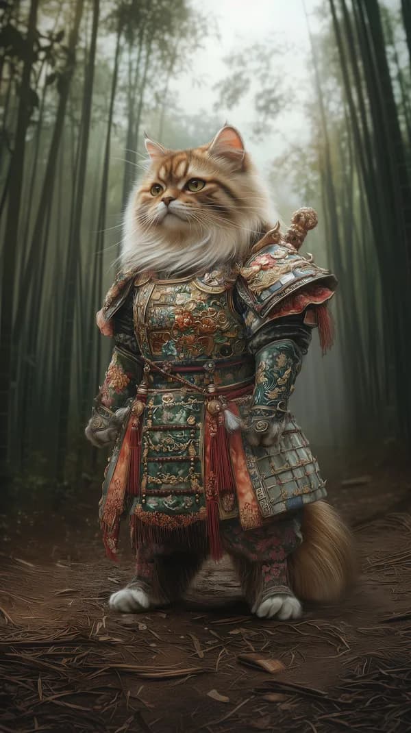 Fantasy Cat Knight in Ornate Armor in a Misty Forest - HD Wallpaper, 4k Background Image