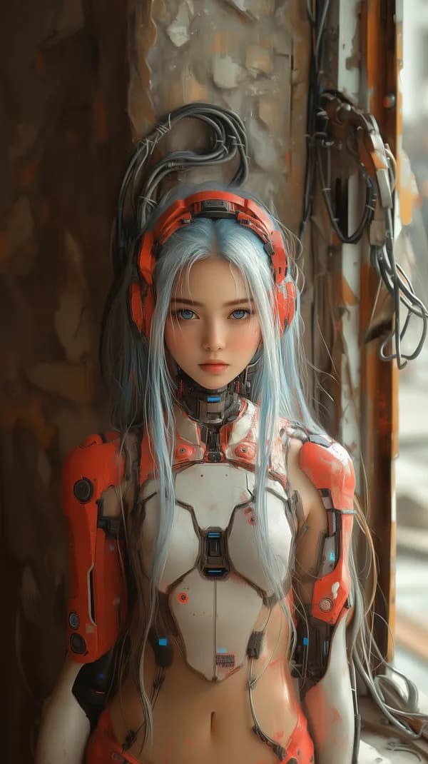 Futuristic female android in red armor portrait with neon accents - HD Wallpaper, 4k Background Image
