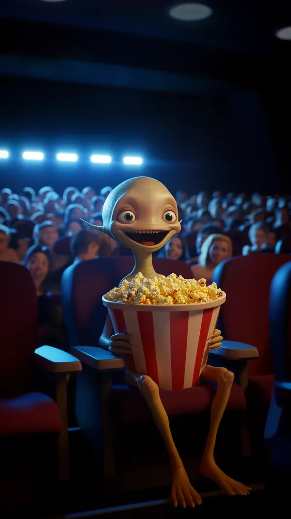 Whimsical Alien in a Movie Theater with Popcorn 3D Cartoon Wallpaper - HD Wallpaper, 4k Background Image