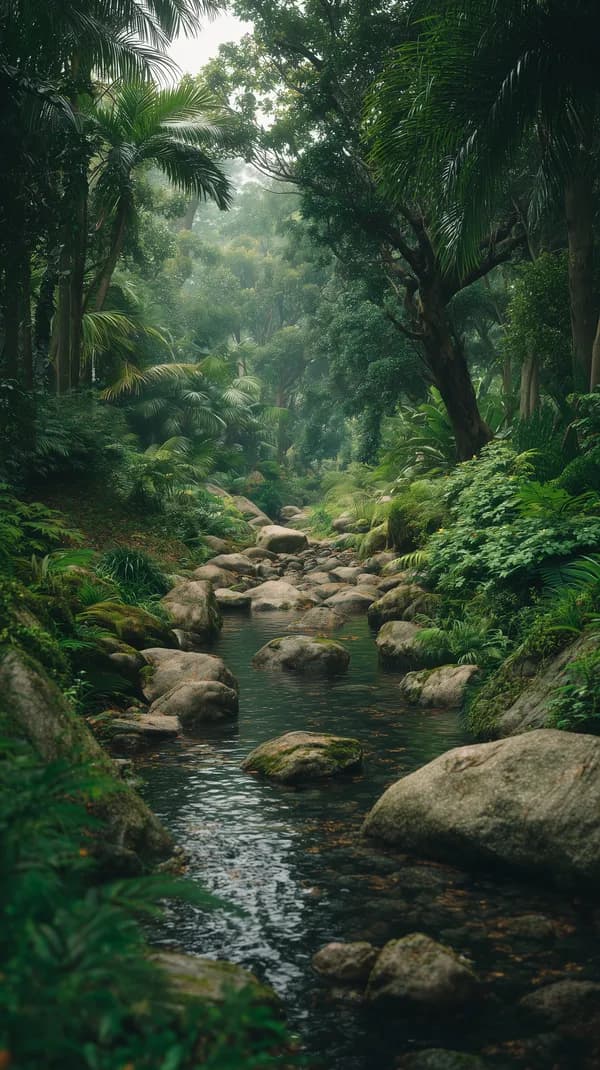 Misty Tropical Jungle Stream — Lush Green Nature Wallpaper - HD Wallpaper, 4k Background Image