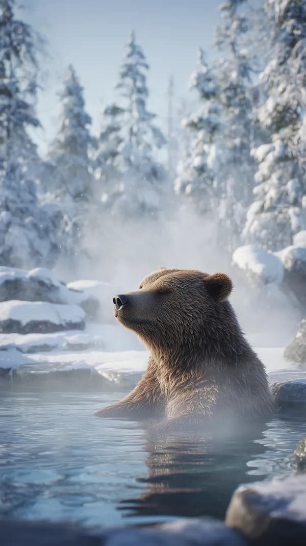 Winter Bear Bath in Snowy Forest - Tranquil Scenic Wallpaper - HD Wallpaper, 4k Background Image