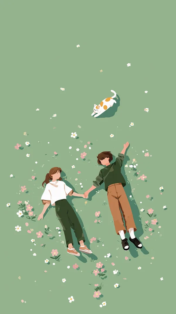 Serene Floral Field Portrait: Minimalist Couple Lying Together - HD Wallpaper, 4k Background Image