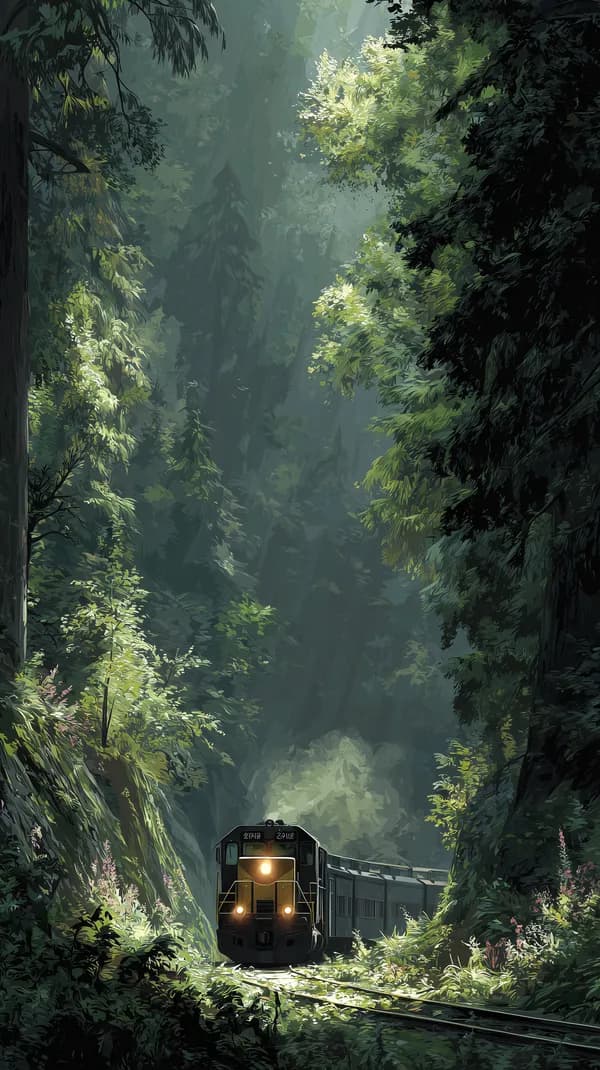 Mystical Forest Train Journey in Sunlit Canyon at Dawn - HD Wallpaper, 4k Background Image