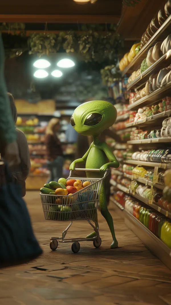 Whimsical Green Alien Shopping in Colorful Grocery Aisles - HD Wallpaper, 4k Background Image