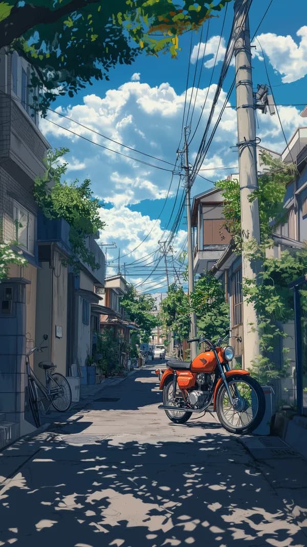 Anime-Style Urban Alley with Orange Motorcycle Wallpaper - HD Wallpaper, 4k Background Image