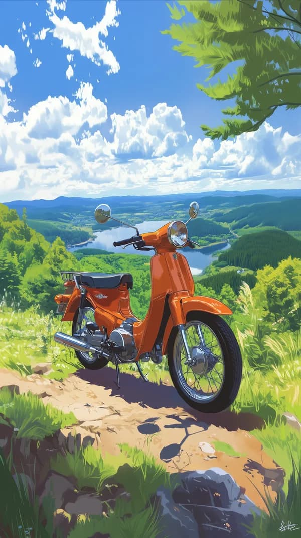 Vibrant Orange Retro Scooter in Scenic Mountain View Wallpaper - HD Wallpaper, 4k Background Image