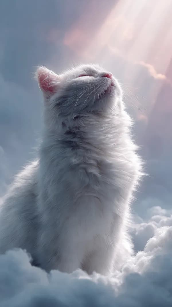 Serene White Cat in Dreamy Cloudscape with Soft Sunlight Wallpaper - HD Wallpaper, 4k Background Image
