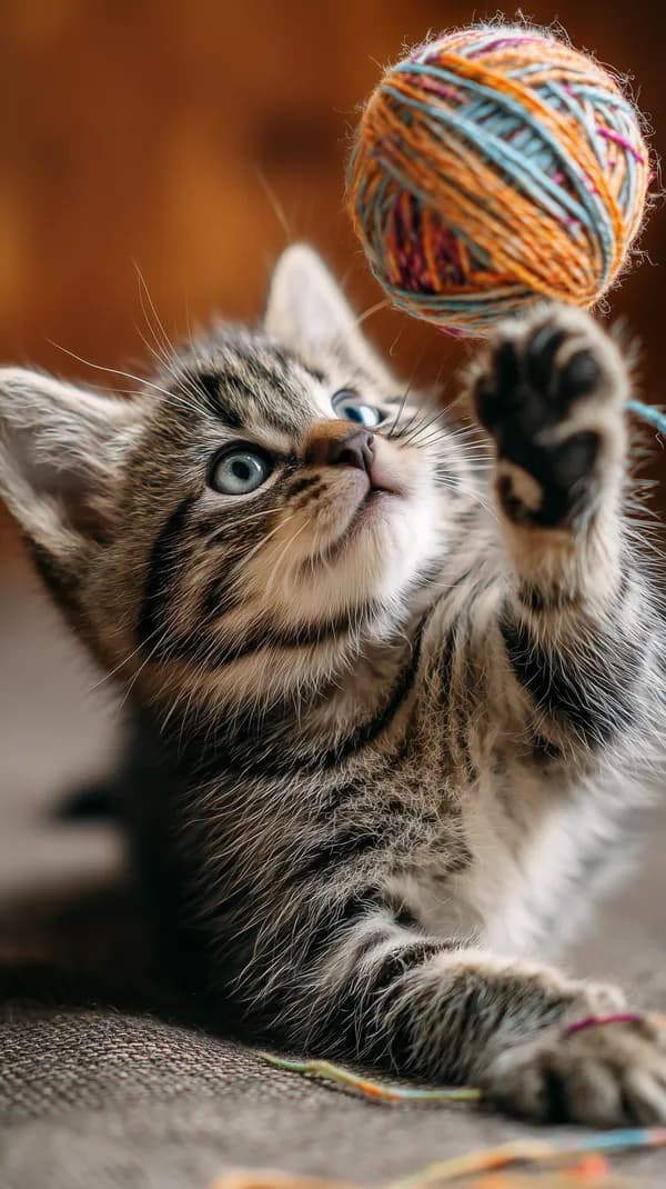 Playful Kitten Reaching for a Colorful Yarn Ball, Close-Up - HD Wallpaper, 4k Background Image