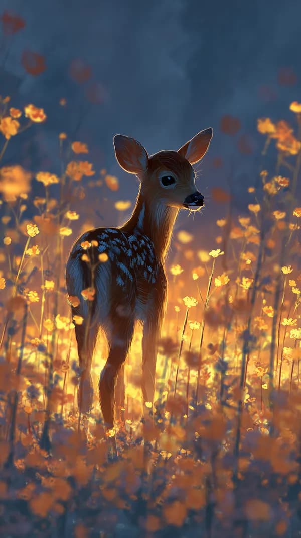 Mystical fawn in a golden flower field at warm twilight - HD Wallpaper, 4k Background Image