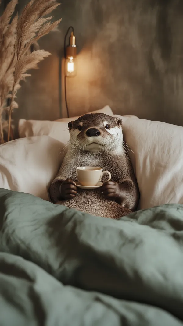 Cozy Otter in Bed with Cup: Warm Ambient Wallpaper Scene - HD Wallpaper, 4k Background Image