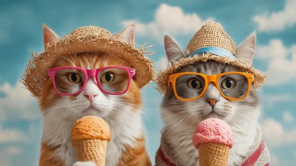 Playful Cats in Straw Hats with Sunglasses and Ice Cream - HD Wallpaper, 4k Background Image