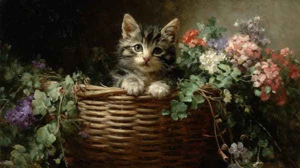 Adorable kitten in a wicker basket beside vibrant flowers - HD Wallpaper, 4k Background Image