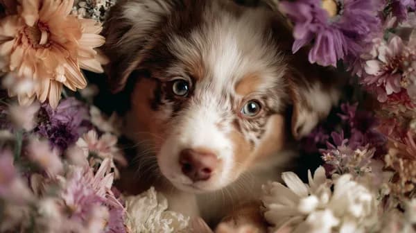 Cute White-Brown Puppy Among Colorful Flowers Wallpapers - HD Wallpaper, 4k Background Image