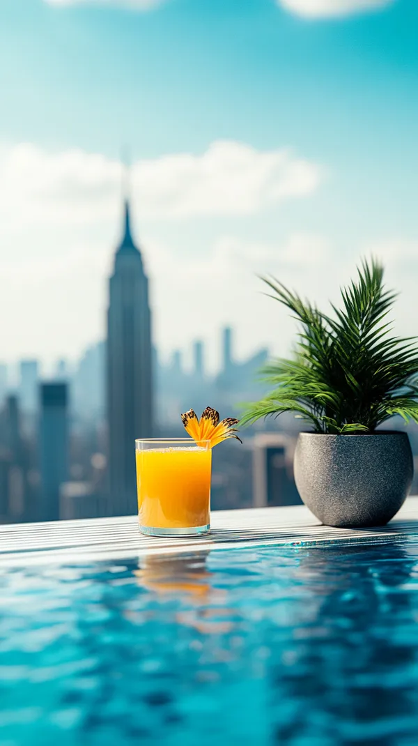 Poolside Orange Juice on Rooftop Terrace with City Skyline - HD Wallpaper, 4k Background Image