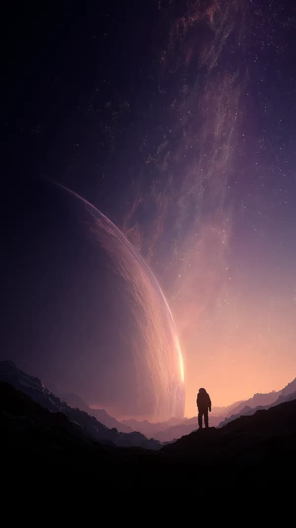 Epic Space: Astronaut on an Alien Landscape Beneath a Distant Planet - HD Wallpaper, 4k Background Image