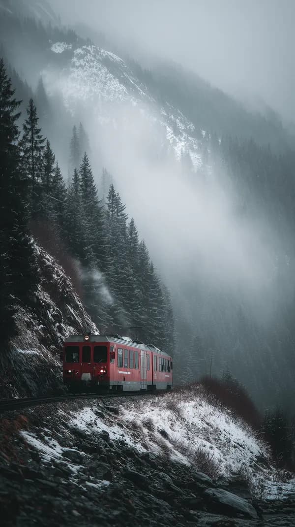 Red Mountain Train Winding Through Foggy Alpine Forest at Dusk - HD Wallpaper, 4k Background Image