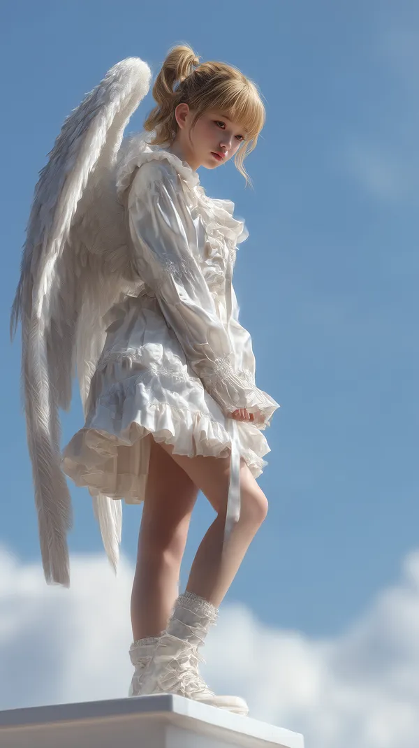 Dreamy Angelic Figure in White Ruffled Dress Against Blue Sky - HD Wallpaper, 4k Background Image