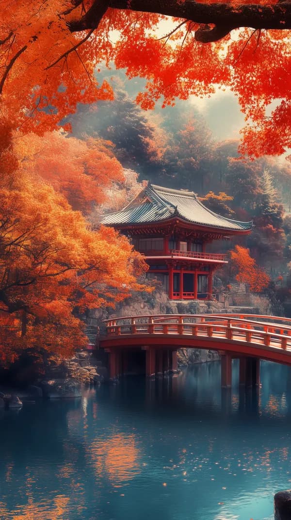 Autumn Forest Pavilion Over a Red Bridge Tranquil Fall Scene - HD Wallpaper, 4k Background Image