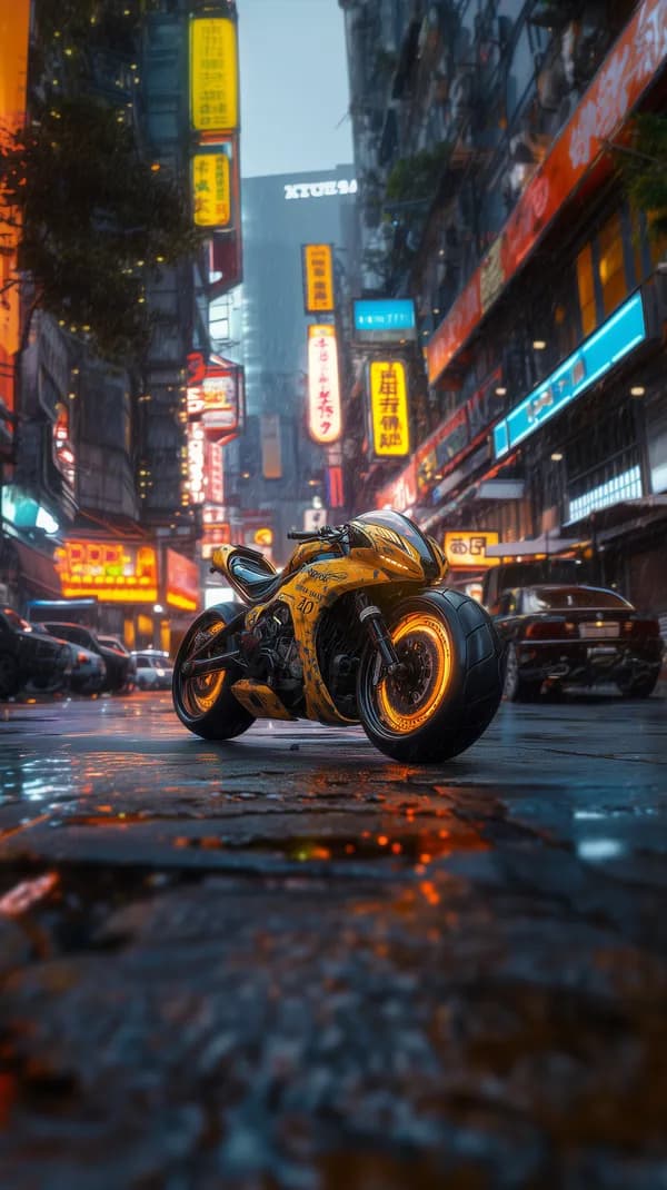 Neon Rainy Night: Yellow Sport Motorcycle in City Streets - HD Wallpaper, 4k Background Image
