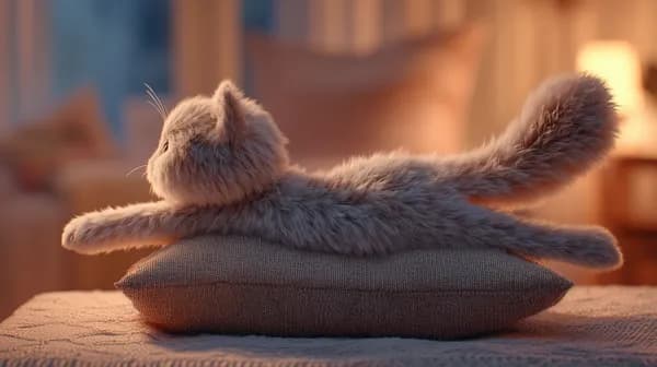 Cozy fluffy plush kitten stretches on a soft cushion - HD Wallpaper, 4k Background Image
