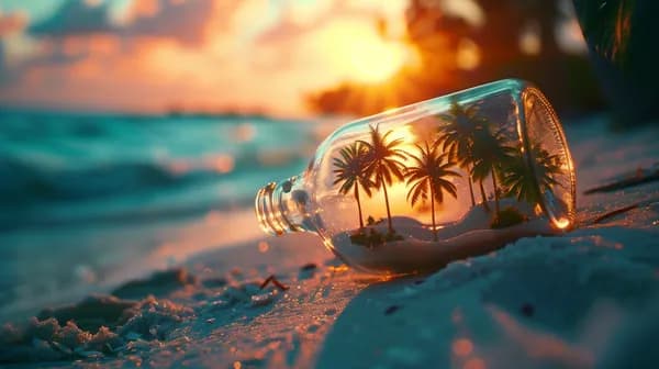 Tropical sunset in a glass bottle on a sunny beach scene - HD Wallpaper, 4k Background Image