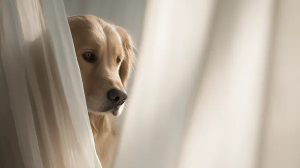 Golden Retriever Peeking Through Soft Curtains — Cozy Wallpaper - HD Wallpaper, 4k Background Image