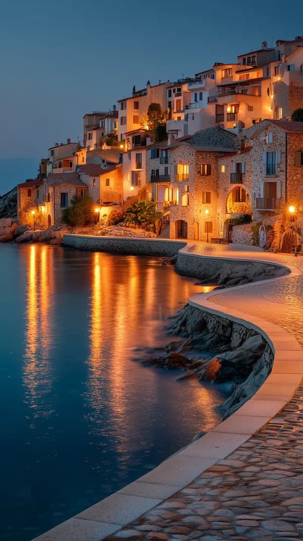 Twilight Harbor Village by the Sea - Warm Orange Reflections - HD Wallpaper, 4k Background Image