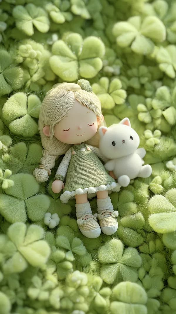 Whimsical Plush Doll in a Soft Green Clover Garden Wallpaper - HD Wallpaper, 4k Background Image