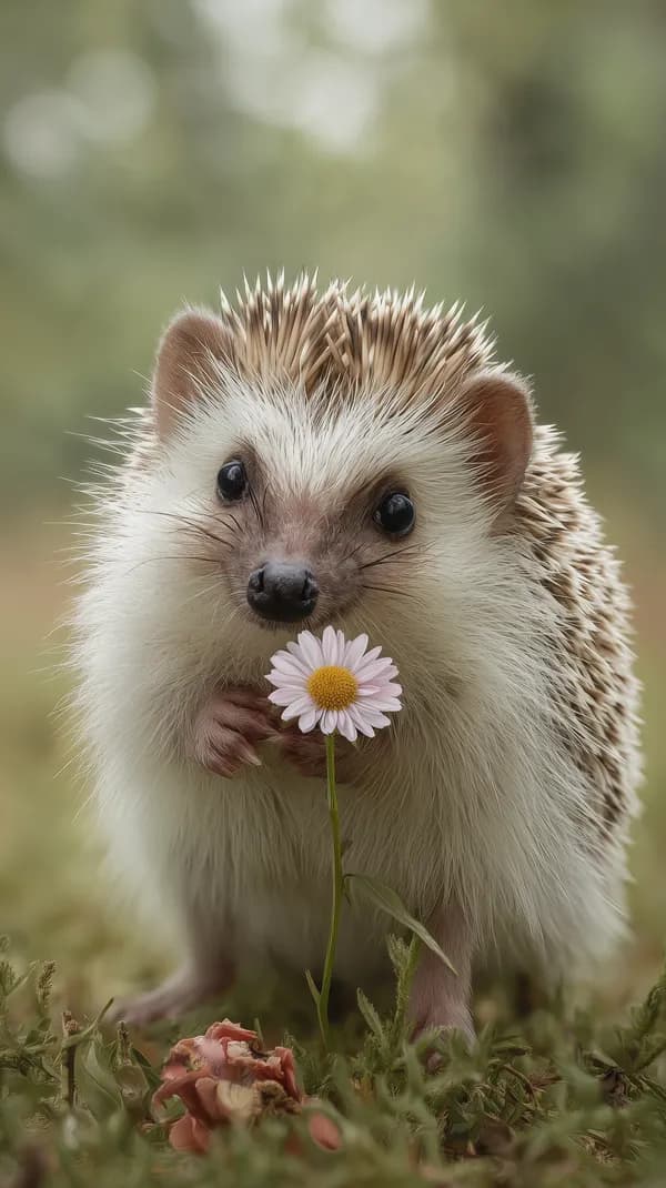 Adorable Hedgehog with Daisy in Soft Outdoor Light - HD Wallpaper, 4k Background Image
