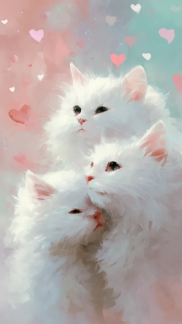 Pastel Feline Trio: Fluffy White Kittens in Soft Hearts - HD Wallpaper, 4k Background Image