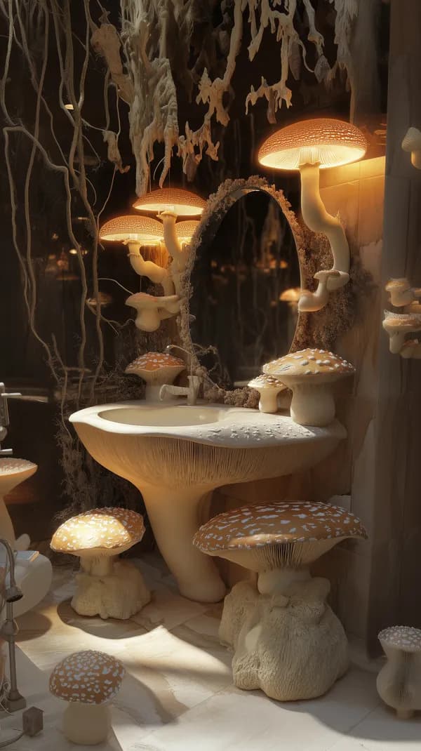 Dreamy Mushroom Bathroom Scene with Warm Amber Lighting - HD Wallpaper, 4k Background Image