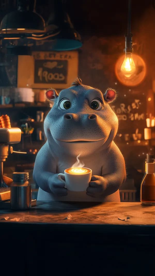 Charming Hippo at a Cozy Café with a Latte under Warm Light - HD Wallpaper, 4k Background Image