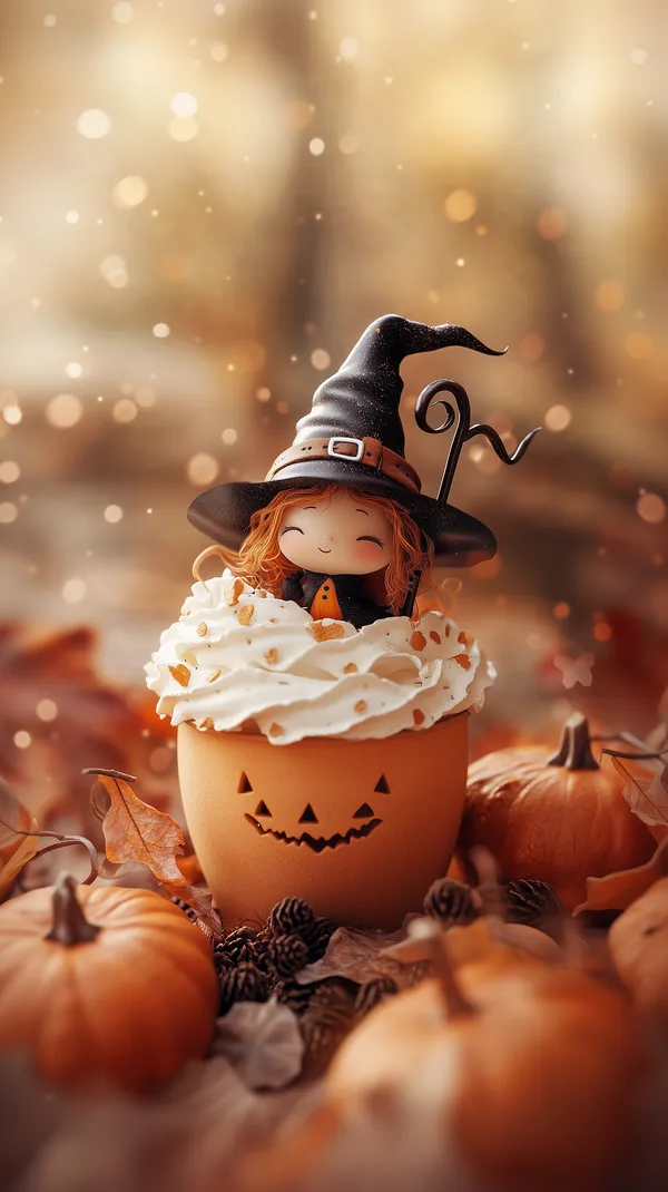Whimsical Pumpkin Cupcake Scene with Mini Witch Figure - Autumn - HD Wallpaper, 4k Background Image