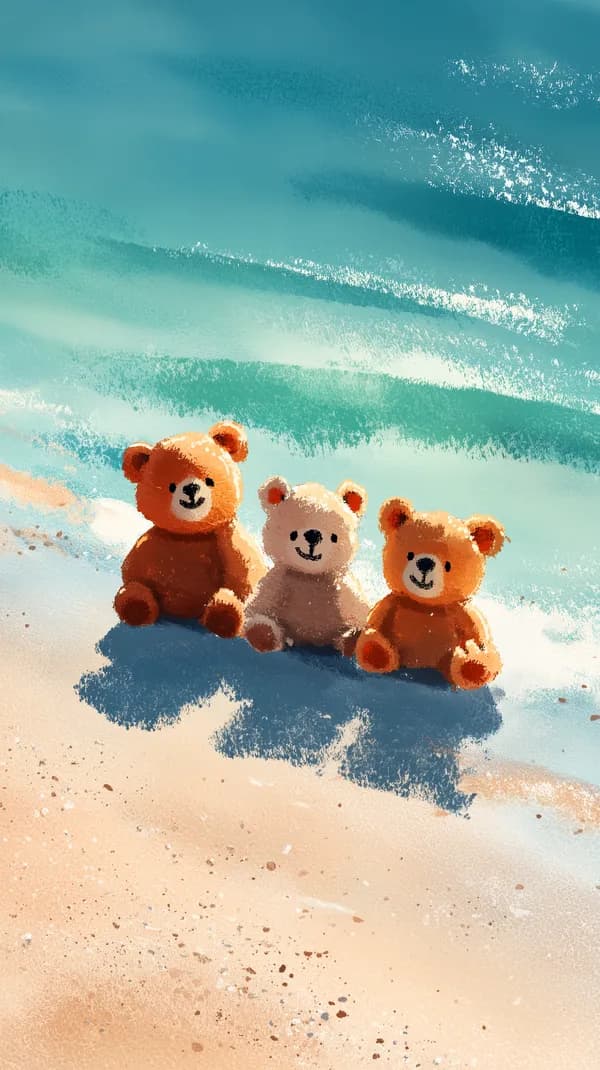 Three Teddy Bears on a Sunny Beach - Watercolor Wallpaper - HD Wallpaper, 4k Background Image