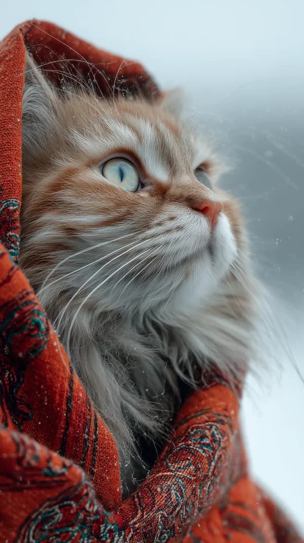 Winter Cat Portrait in a Cozy Red Shawl Under Snowy Skies - HD Wallpaper, 4k Background Image