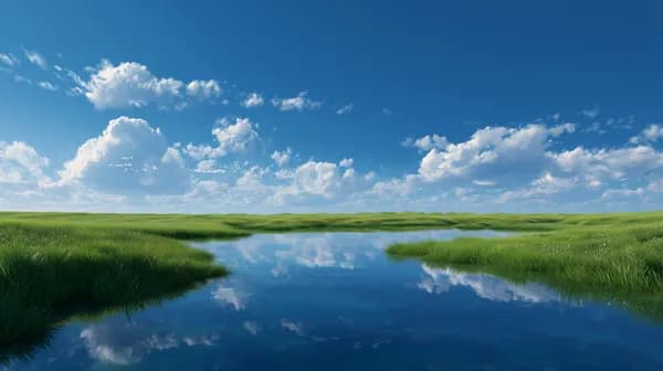 Calm Grassland River Landscape with Cloudy Sky Reflection - HD Wallpaper, 4k Background Image