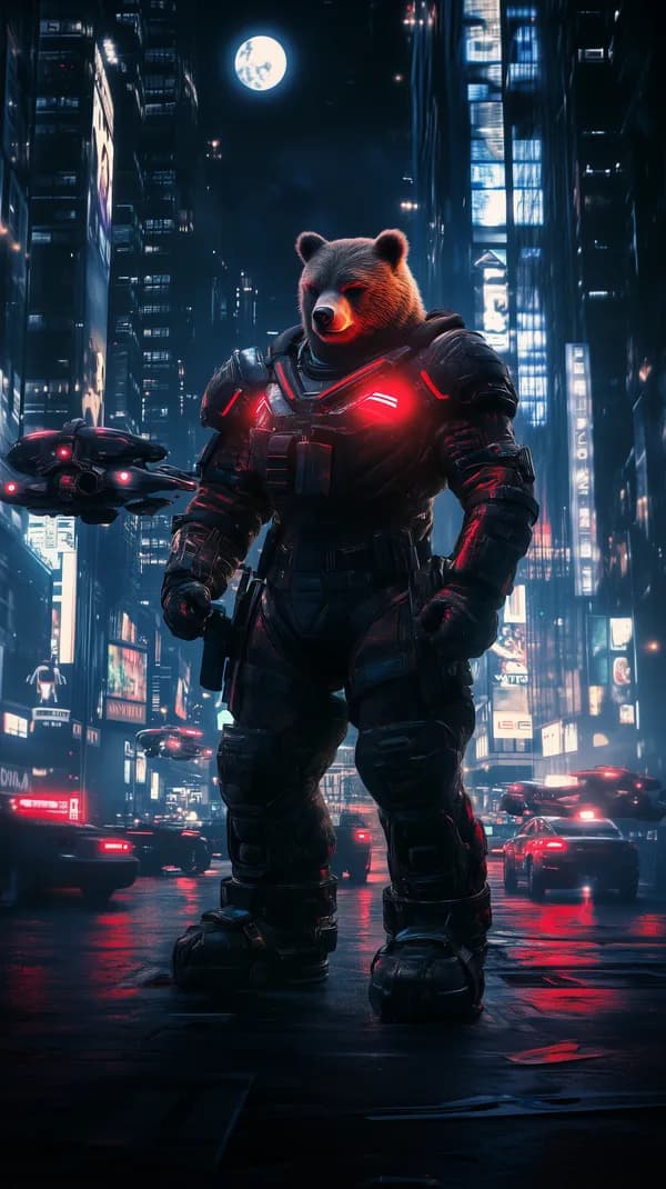Night Neon Bear in Cyberpunk Armor Amid Cityscape Glow - HD Wallpaper, 4k Background Image