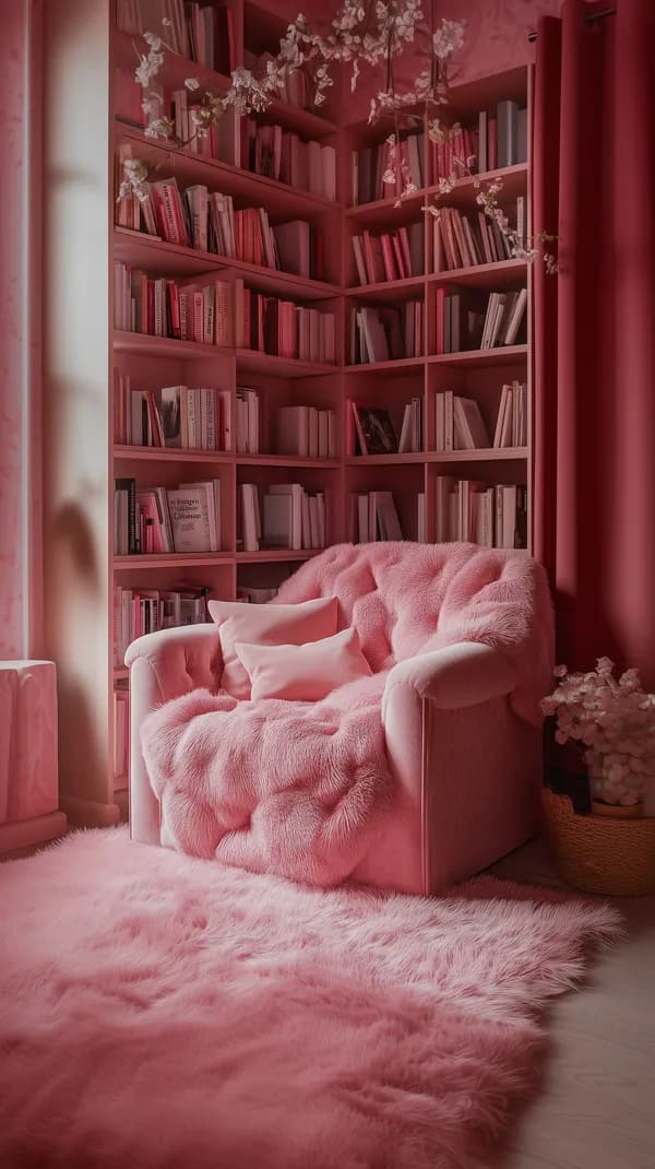 Soft Pink Reading Nook with Fluffy Chair and Bookshelves - HD Wallpaper, 4k Background Image