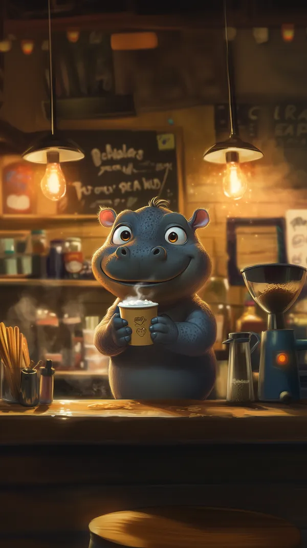 Cozy Café Hippo Cartoon Wallpaper in Warm Ambient Glow - HD Wallpaper, 4k Background Image