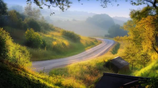 Sunlit Curving Country Road in Autumn Landscape at Dawn - HD Wallpaper, 4k Background Image