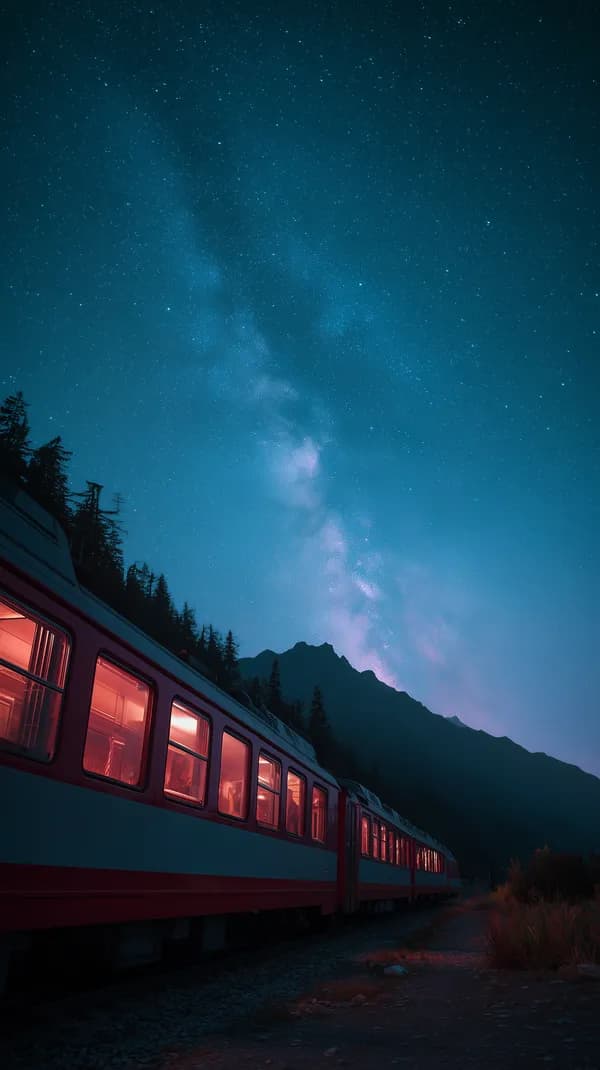 Night Sky Train Under Starry Sky Over Mountain Ridge - HD Wallpaper, 4k Background Image