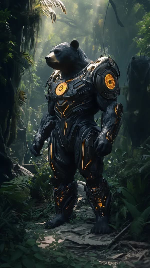 Futuristic Armored Bear in Jungle – Sci-Fi Wallpaper - HD Wallpaper, 4k Background Image