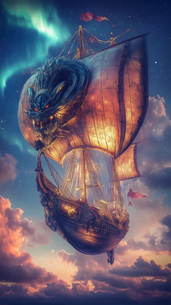 Fantasy Dragon-Head Airship in Night Sky - Surreal Wallpaper - HD Wallpaper, 4k Background Image