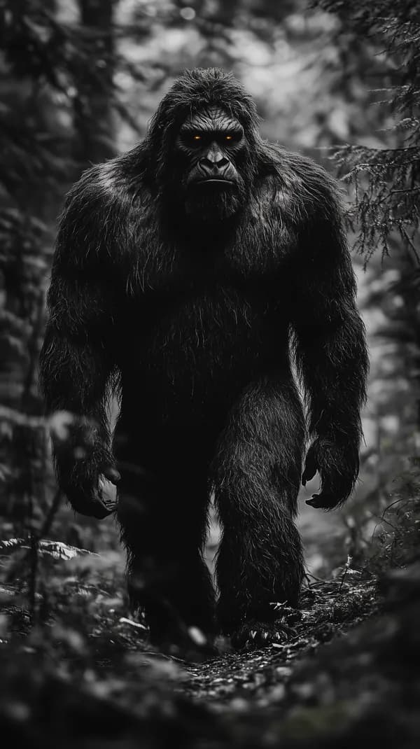 Dark Forest Giant Primate with Glowing Orange Eyes - HD Wallpaper, 4k Background Image